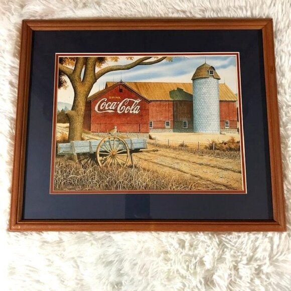 NWOT Vintage Coca-Cola Barn and Silo Matted Wood Glass Framed Print - Picture 1 of 8